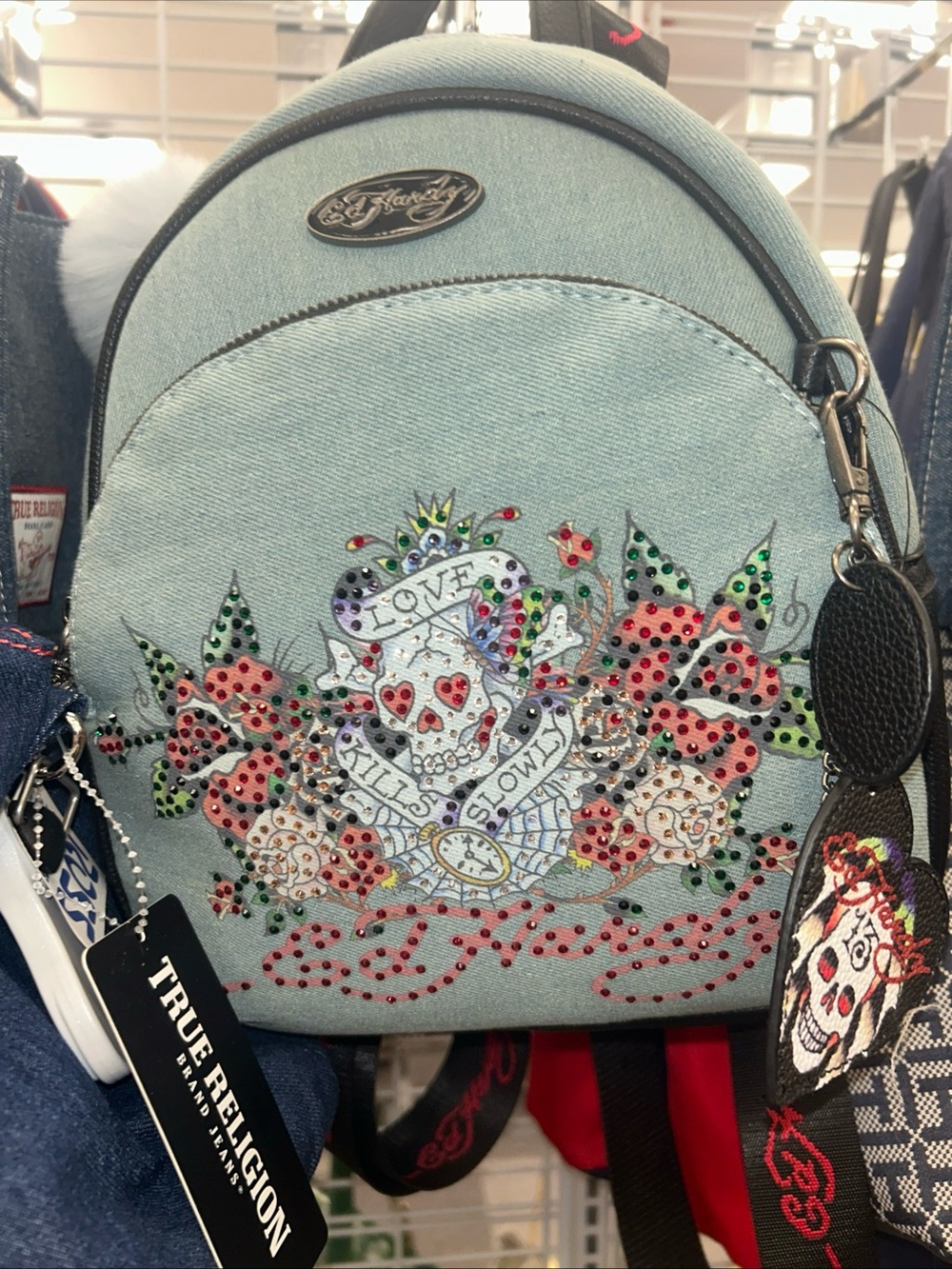 True Religion Light Blue Embellished Denim Mini Backpack